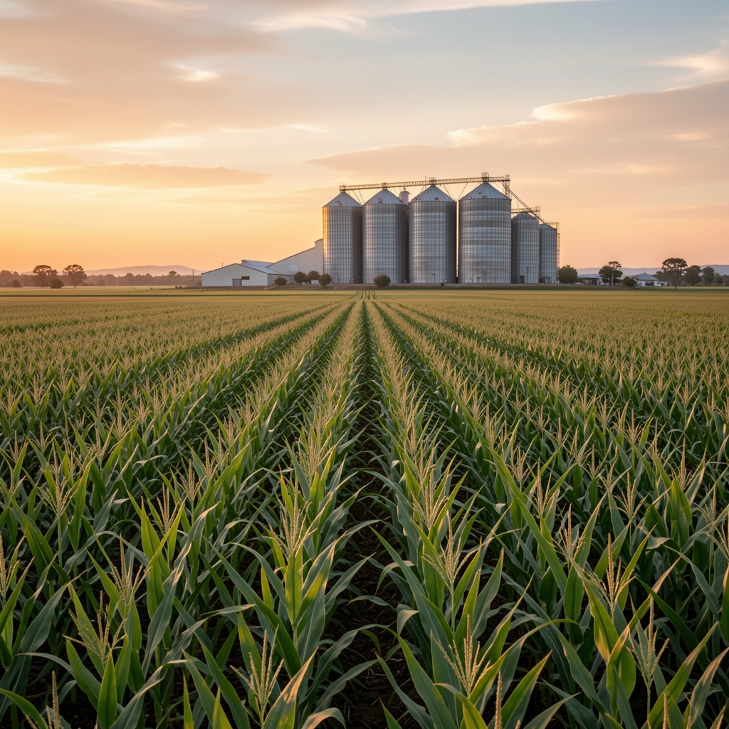 Campo de soja en la pampa húmeda argentina al amanecer con silos de almacenamiento al fondo