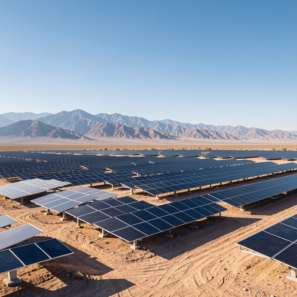 Parque de paneles solares fotovoltaicos en el desierto de Mendoza con montañas al fondo y cielo despejado