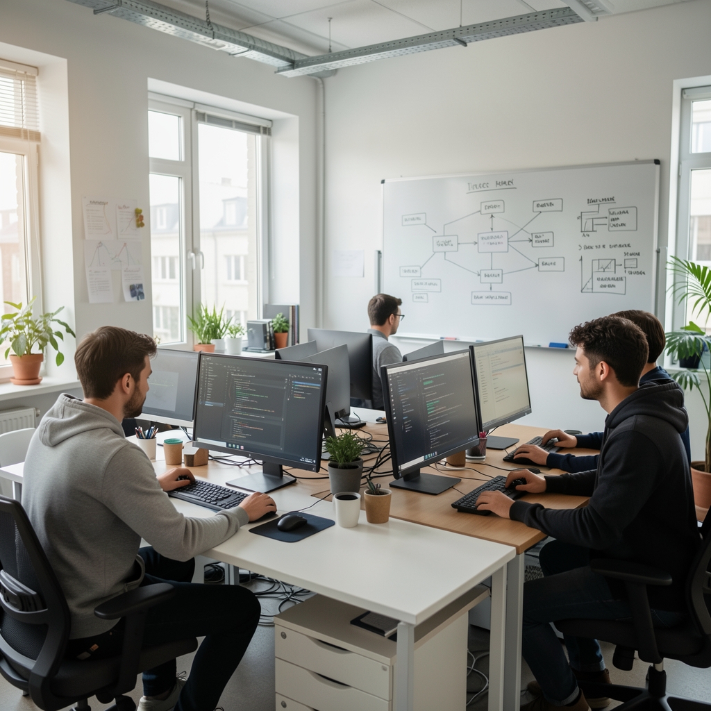 Oficina moderna de startup tecnológica en Buenos Aires con programadores trabajando en computadoras y pizarrón con diagramas
