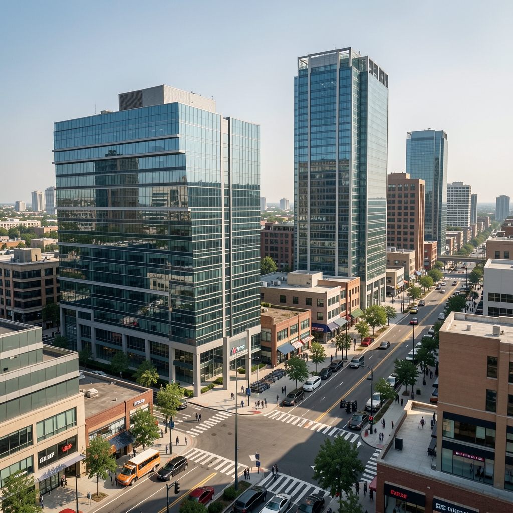 Vista panorámica de barrio corporativo de Buenos Aires con edificios modernos de oficinas, torres de vidrio y calles con actividad comercial en zona de Puerto Madero