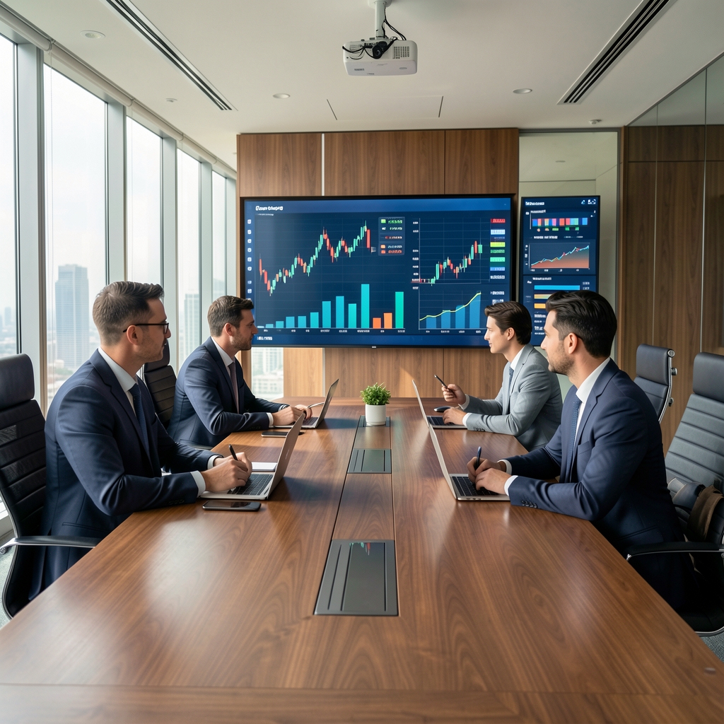 Sala de reuniones ejecutiva con mesa de conferencia, gráficos financieros en pantalla y ejecutivos analizando datos de mercado