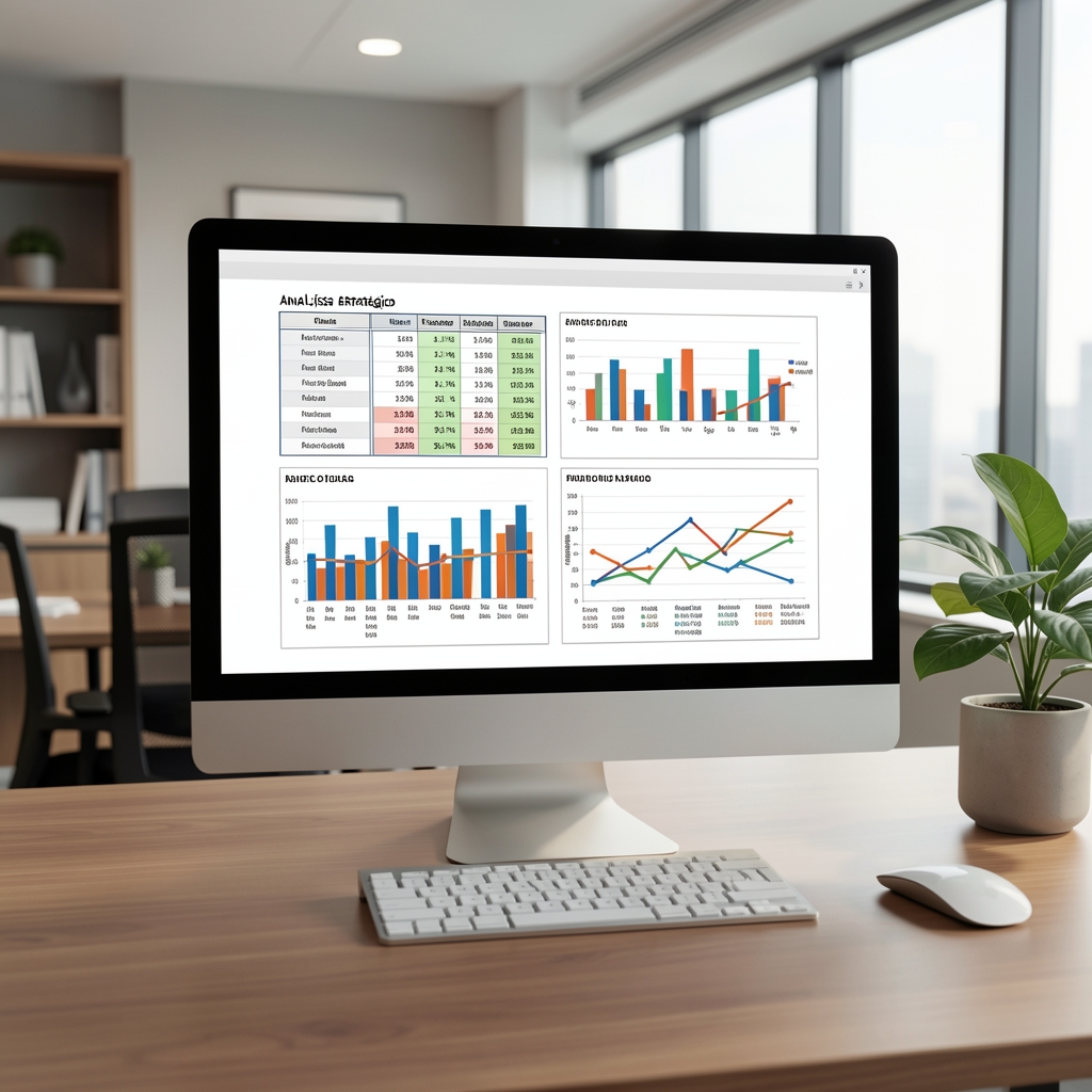 Diagrama de tablero de análisis estratégico con matrices de datos, gráficos de barras y líneas de tendencia en pantalla de computadora de escritorio en oficina moderna