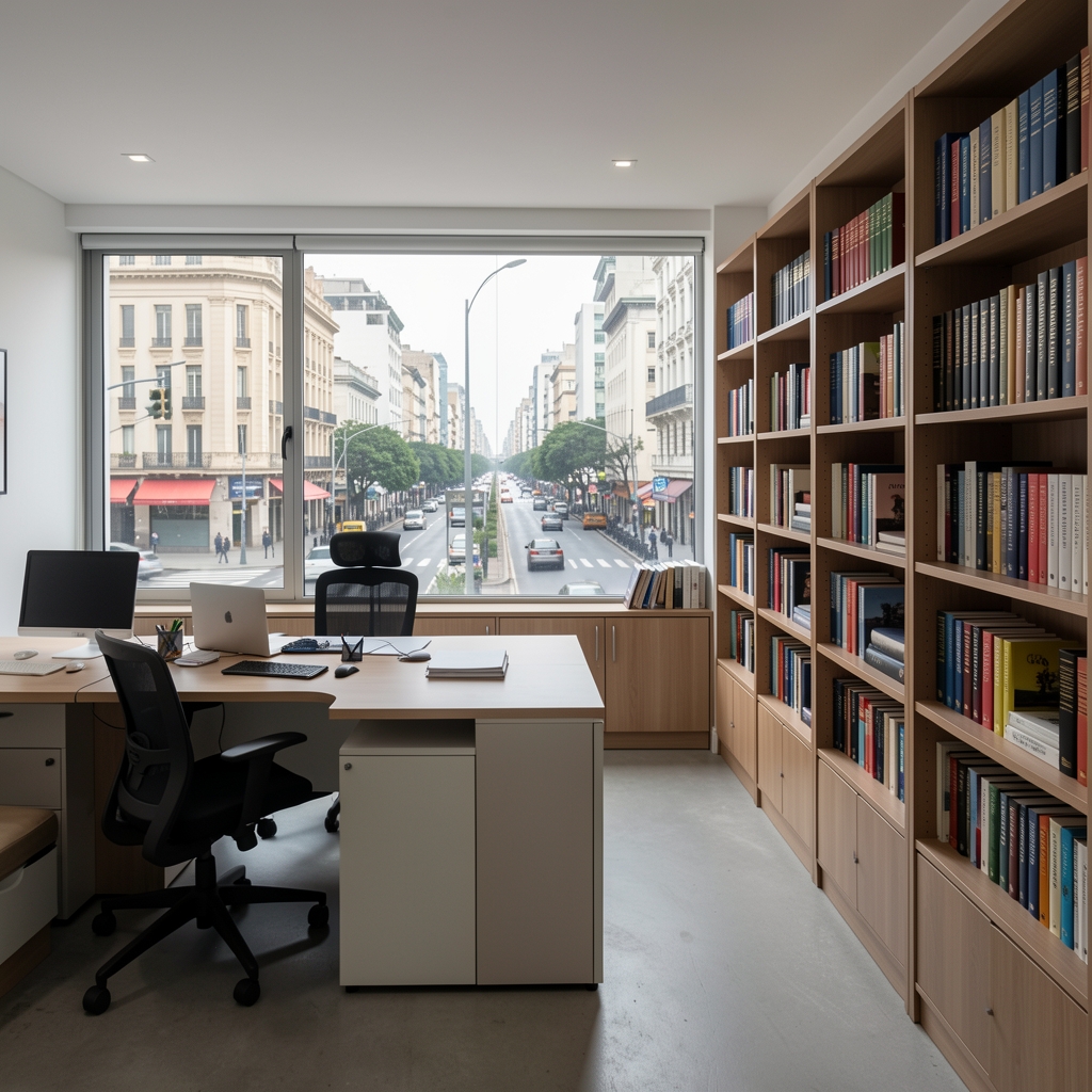 Interior de la oficina de Zelvon en Buenos Aires con vista a Av. Corrientes, escritorios de trabajo y estanterías con libros de economía
