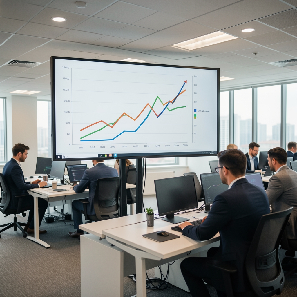 Gráfico de líneas de tendencia económica en pantalla grande de sala de análisis con analistas trabajando al fondo en oficina iluminada