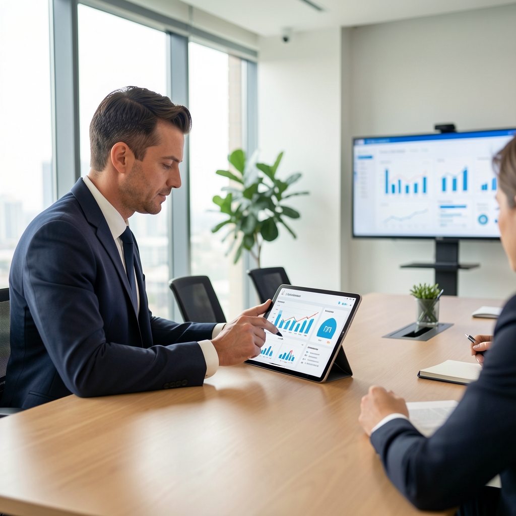 Ejecutivo masculino revisando tablet con dashboard de indicadores empresariales en reunión de planificación estratégica, sala moderna con ventanales