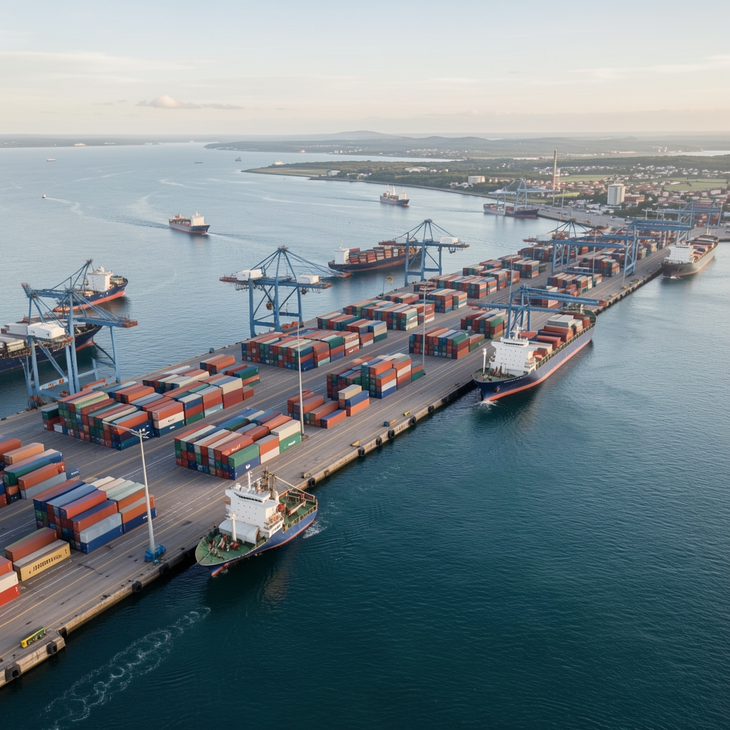 Vista aérea de puerto de Buenos Aires con contenedores de carga y barcos mercantes, representando comercio exterior y logística internacional