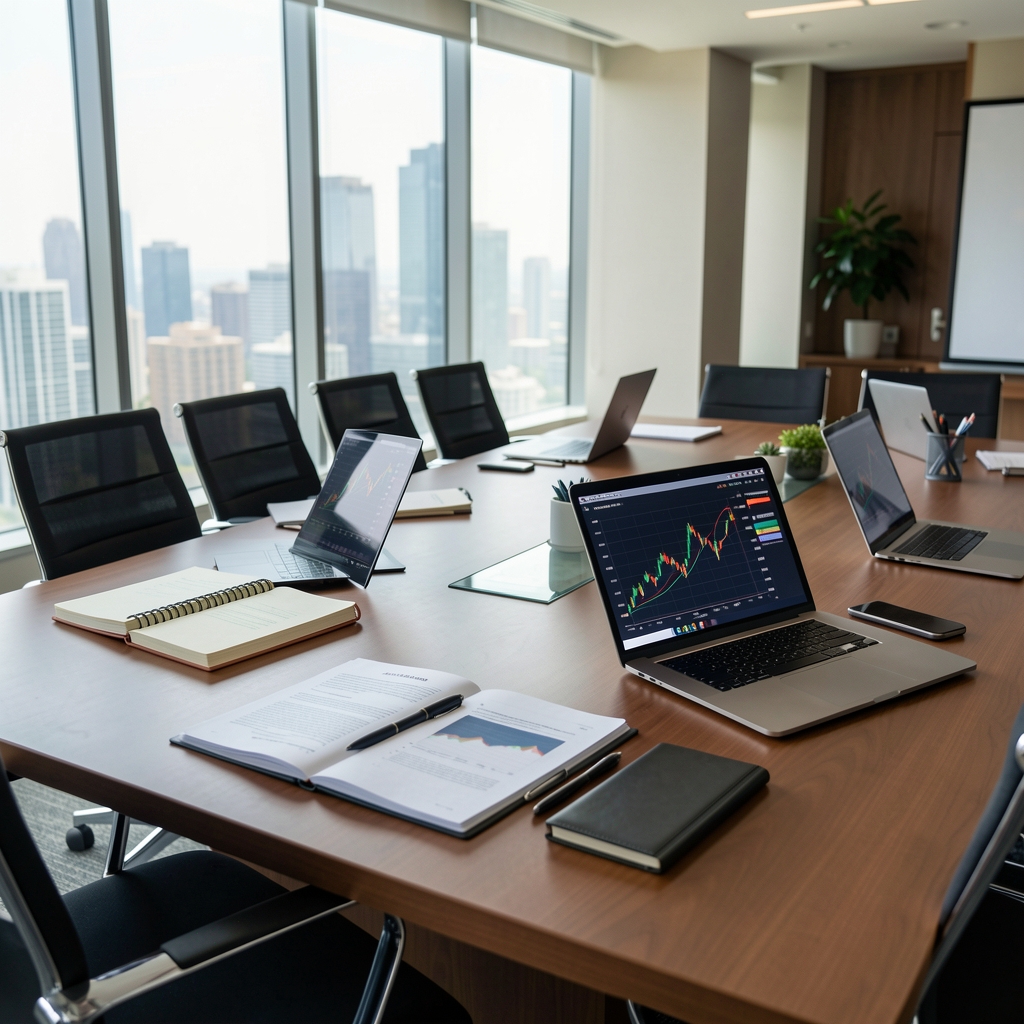 Mesa de reunión ejecutiva con documentos de análisis económico, cuadernos de notas y laptops abiertas con gráficos financieros en sala de juntas corporativa