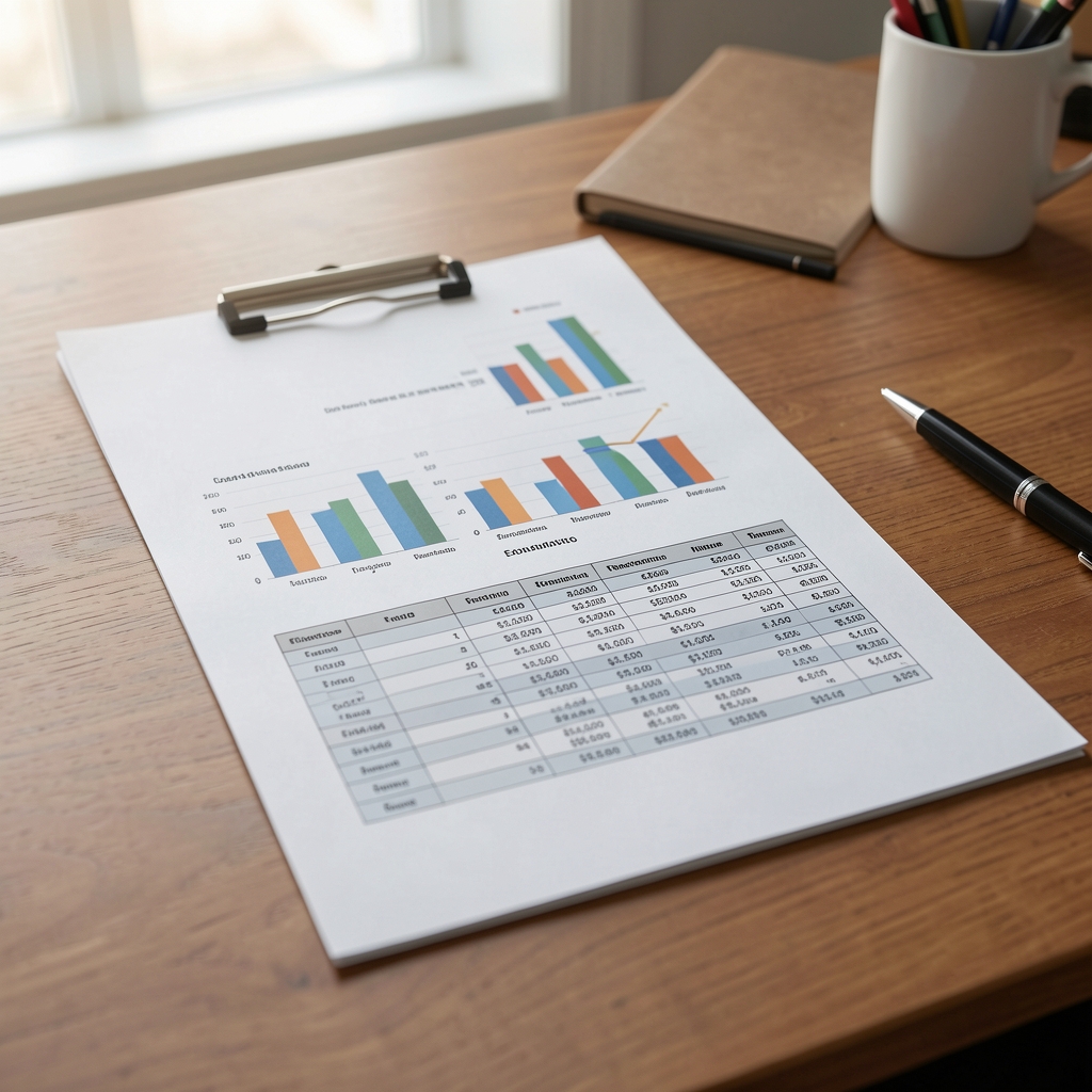 Documento de informe financiero impreso sobre escritorio con gráficos de barras y tablas de datos económicos