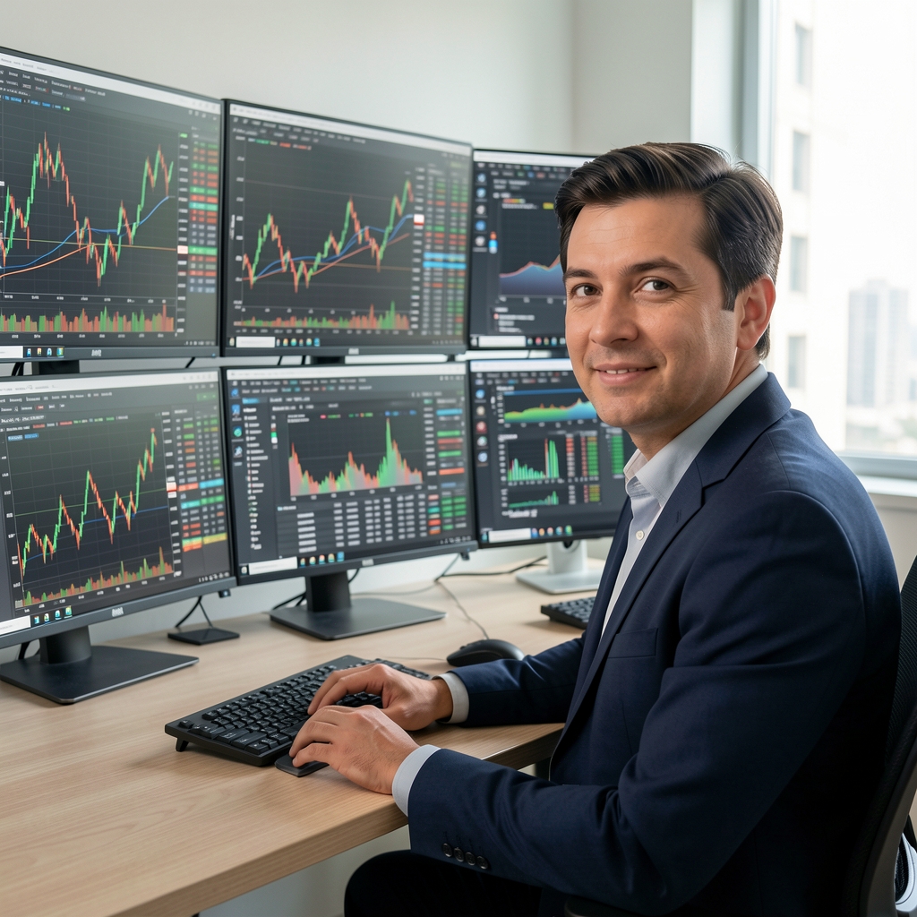 Analista frente a múltiples monitores con gráficos de mercado, índices bursátiles y tablas de indicadores macroeconómicos