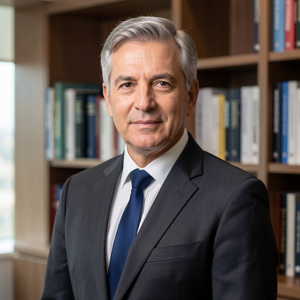 Hombre de mediana edad con traje oscuro, cabello entrecano, en postura profesional frente a estantería de libros de negocios en oficina ejecutiva