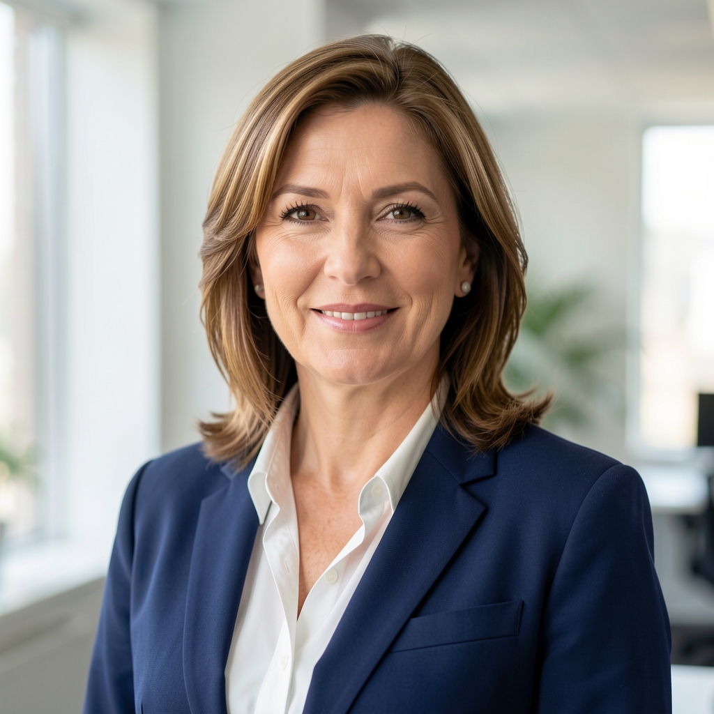 Mujer profesional de 40 años con ropa de negocios en color azul marino, sonrisa serena, fondo neutro de oficina luminosa