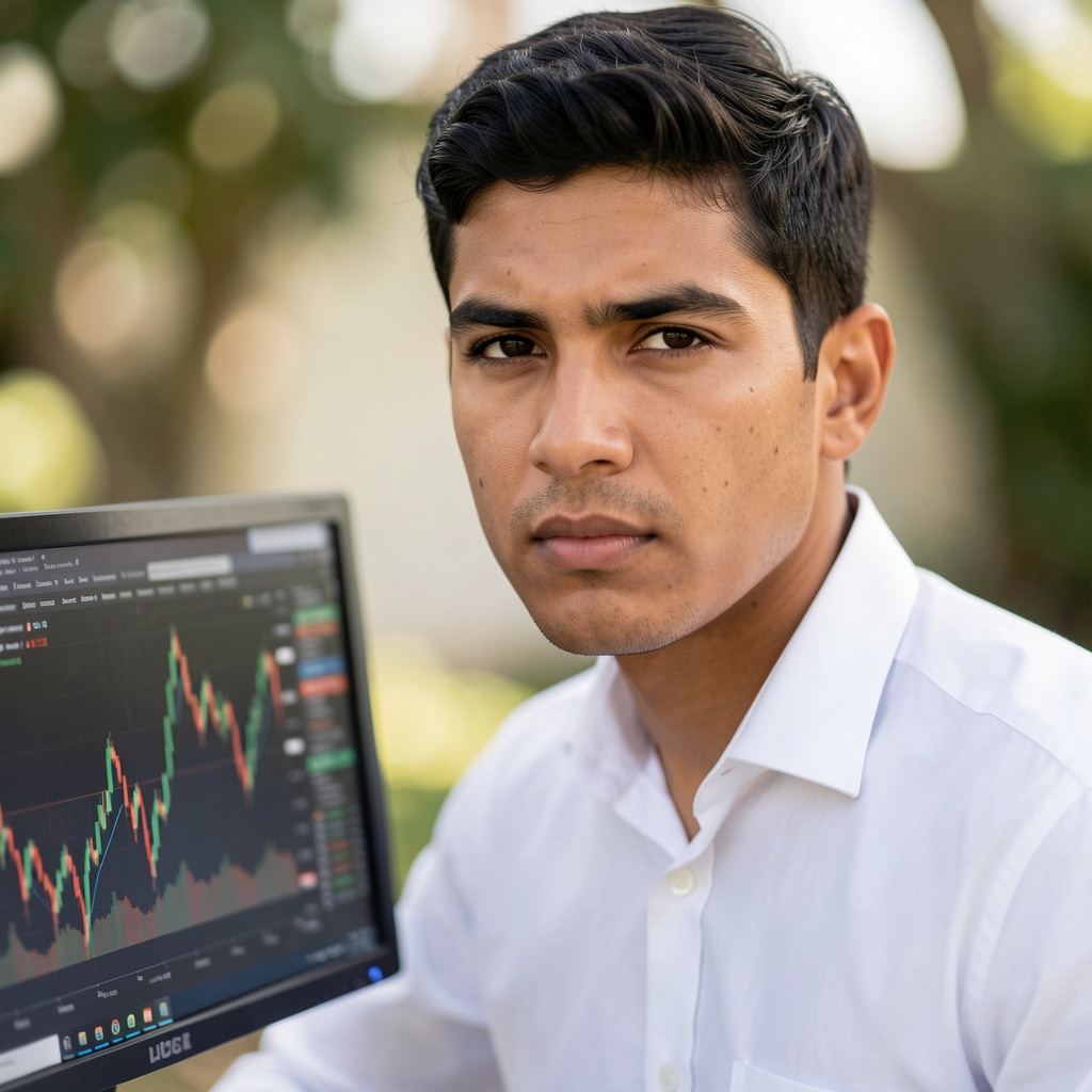 Hombre joven de origen latinoamericano en camisa blanca sin corbata, expresión concentrada, junto a pantalla de computadora con gráficos de mercado