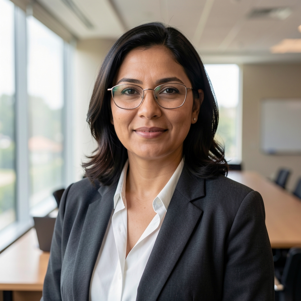Mujer latinoamericana de 35 años con gafas de montura delgada, aspecto académico, en sala de conferencias con ventanas amplias