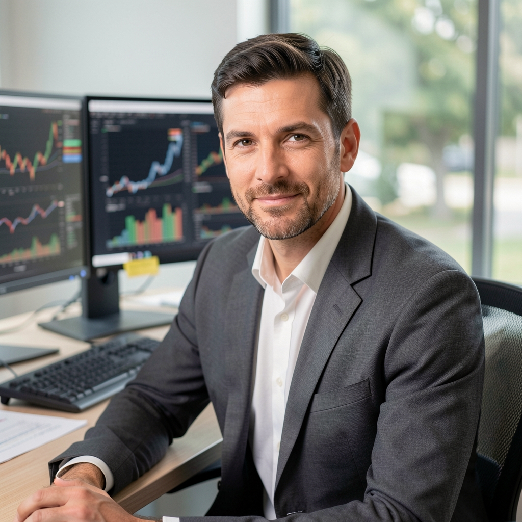 Hombre de 38 años con aspecto profesional informal, sentado en escritorio moderno con múltiples monitores y datos financieros