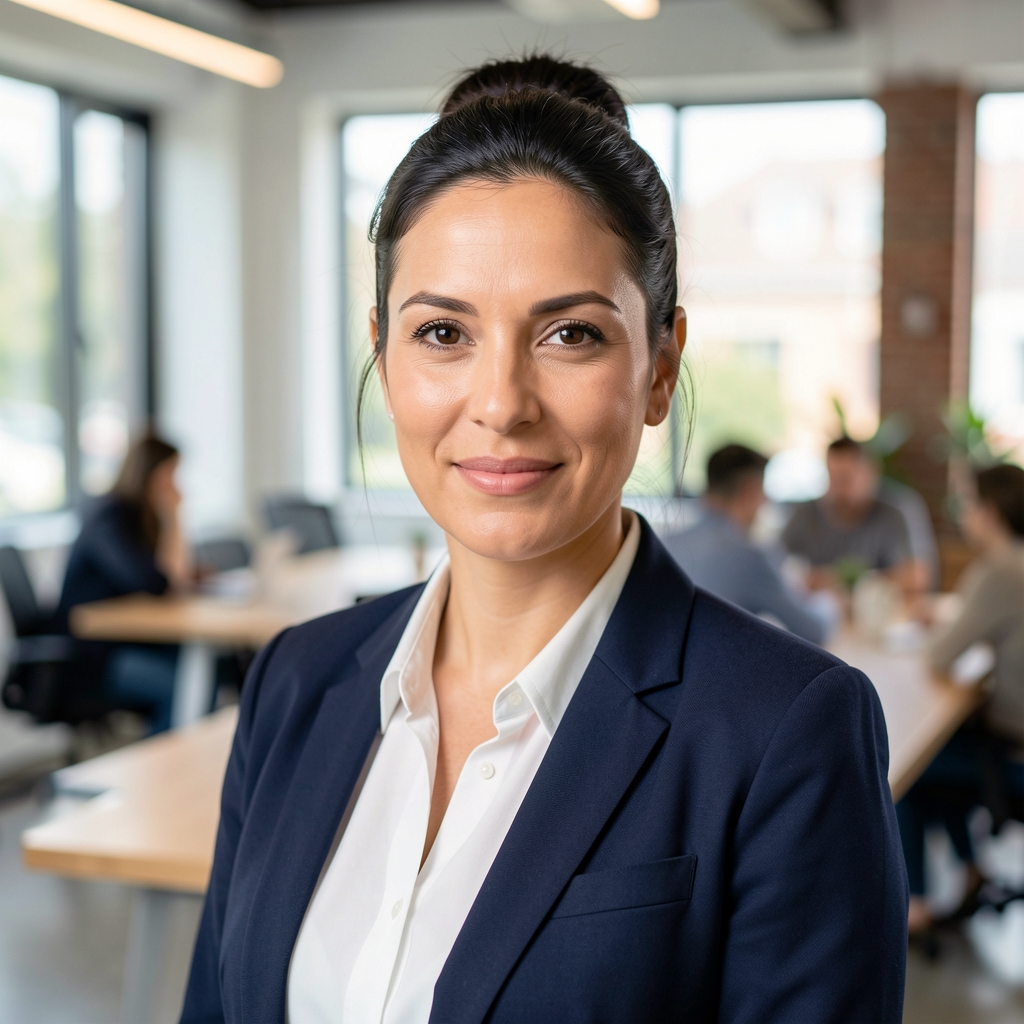 Mujer de aspecto ejecutivo con cabello oscuro recogido, en reunión de negocios informal en espacio de coworking moderno